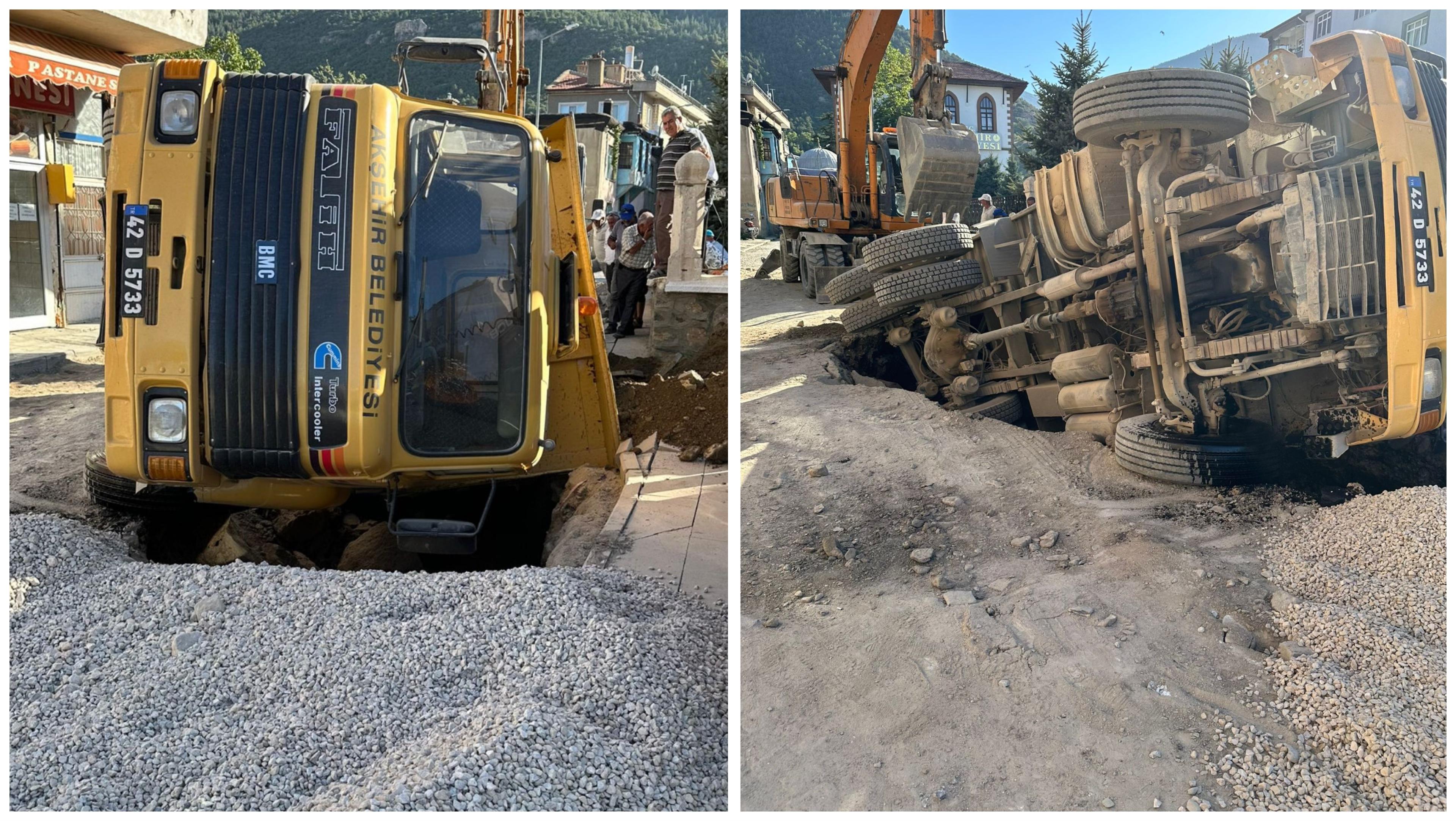 Konya'da yol çöktü! Kamyon çukura düştü